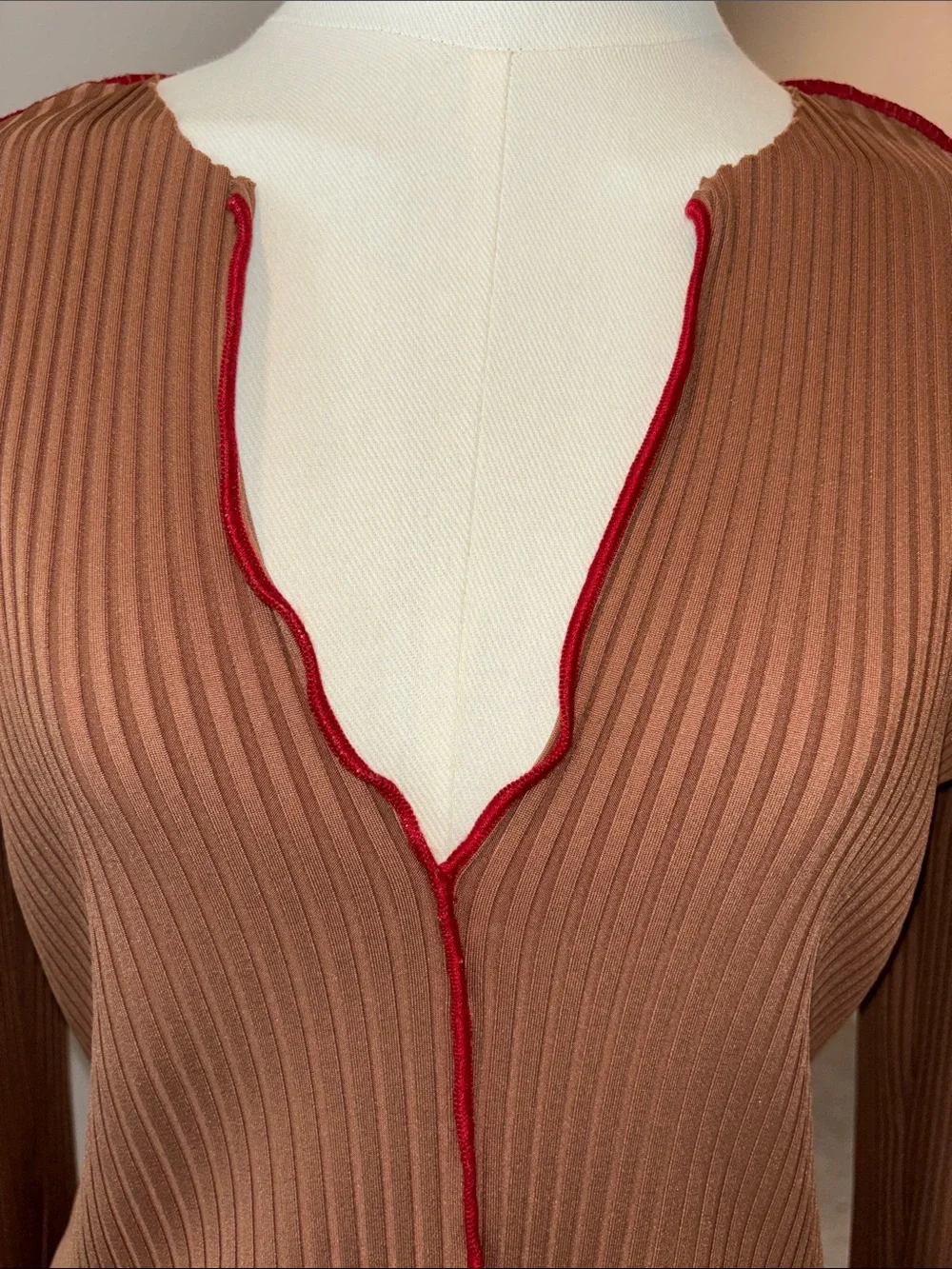 Zara Brown Ribbed Knit Pant Set with Burgundy Contrast Trim